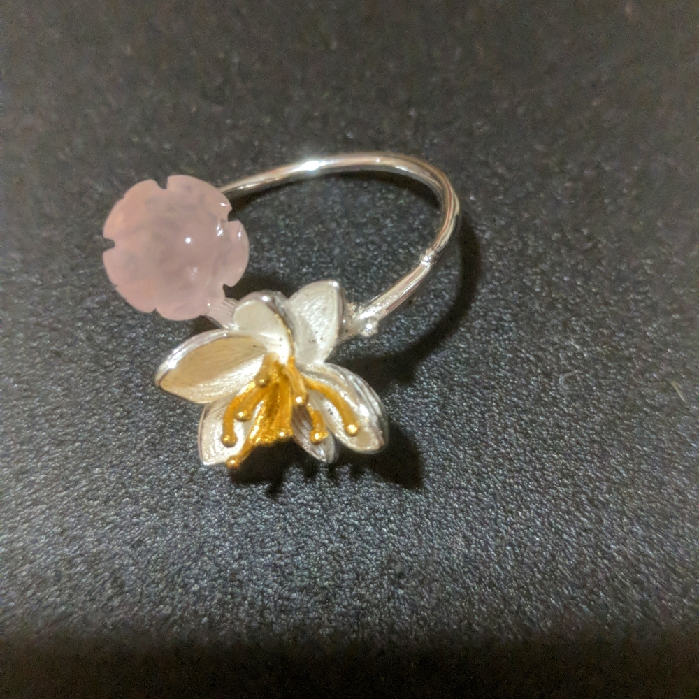 Adjustable rose quartz lotus ring with silver band